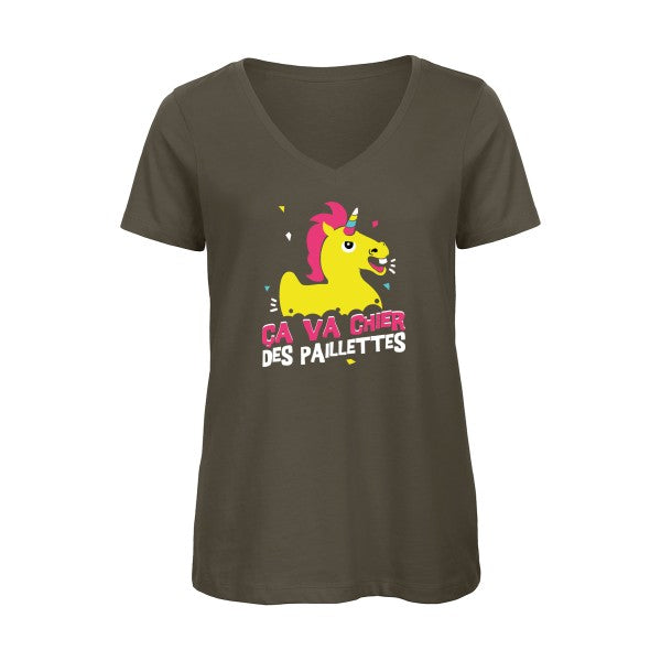 ça va chier des paillettes    T-shirt femme bio col V