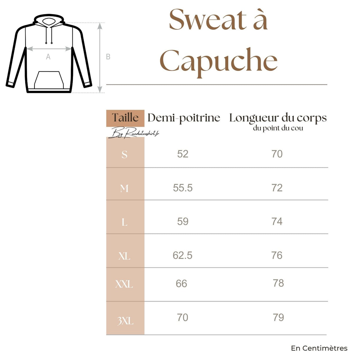 Guide des tailles pour sweat à capuche