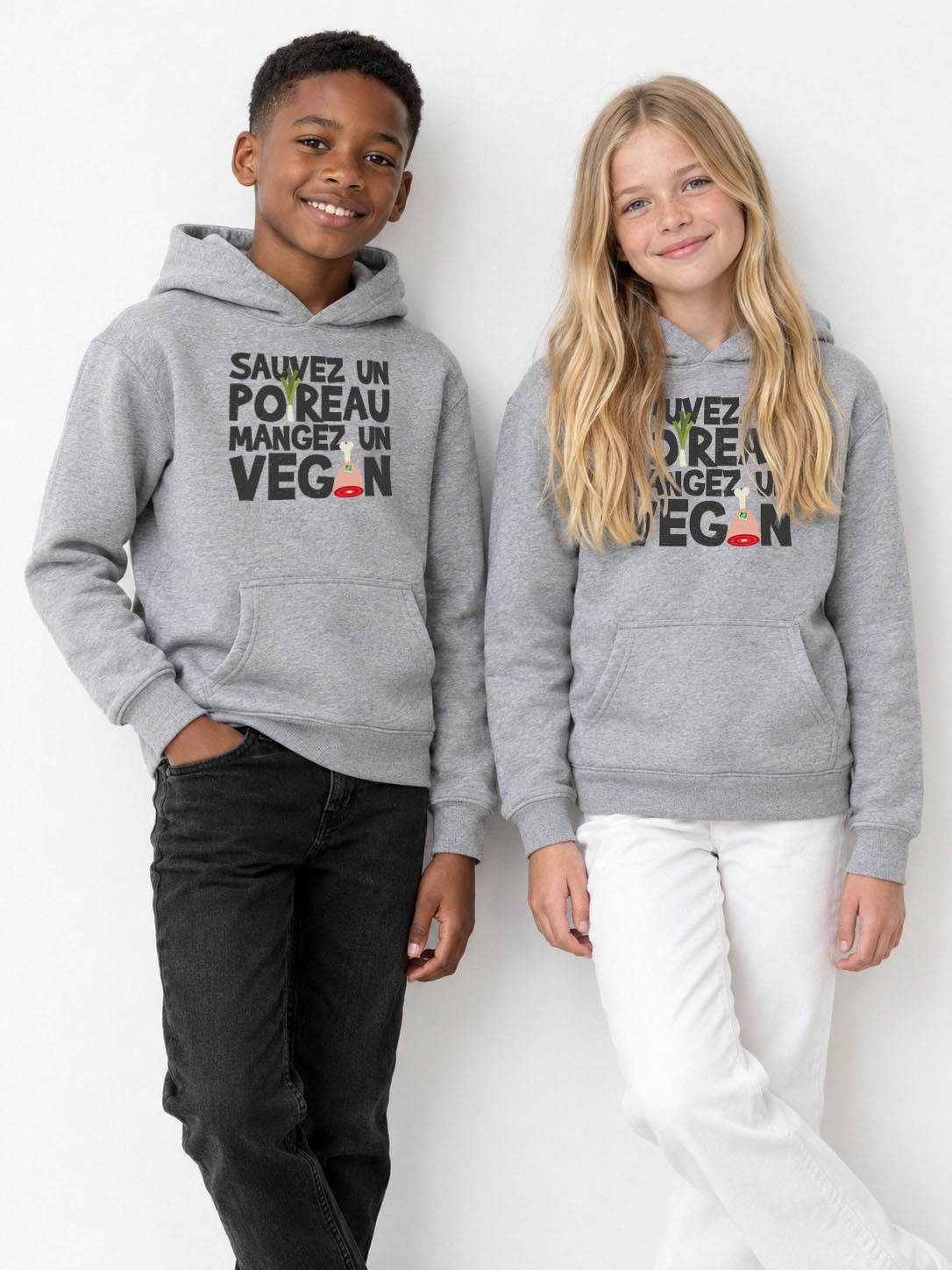 sweat capuche enfant vegan/poireau