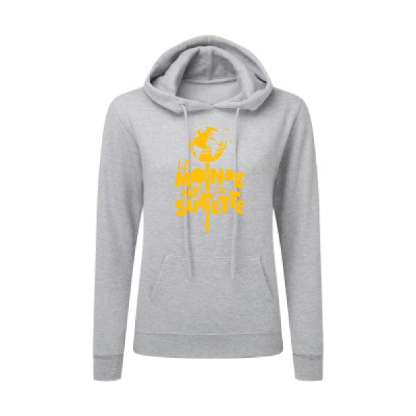 Le Monde part en Sucette jaune Or |Sweat original à capuche Femme