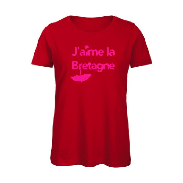 T shirt humour bio femme   femme bio|J'aime la Bretagne Rose Fluo 