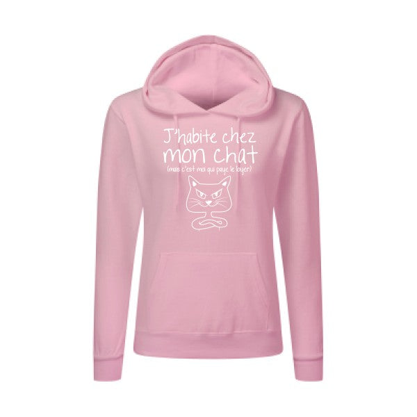 J'habite chez mon chat Blanc |Sweat original à capuche Femme