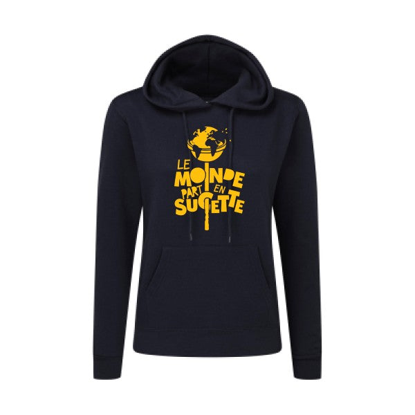 Le Monde part en Sucette jaune Or |Sweat original à capuche Femme