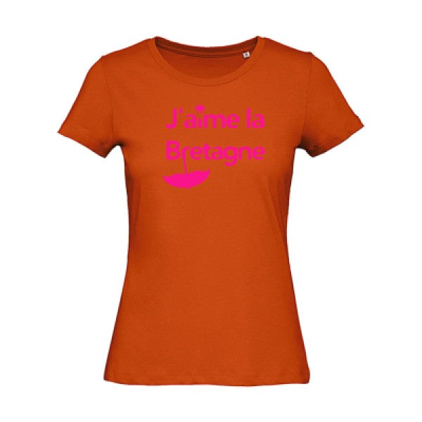 T shirt humour bio femme   femme bio|J'aime la Bretagne Rose Fluo 