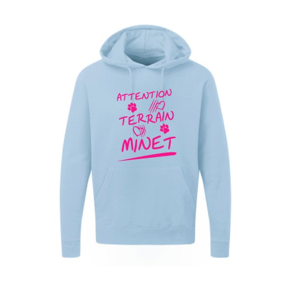 Attention Terrain Minet |Sweat  capuche humoristique Rose fluo 