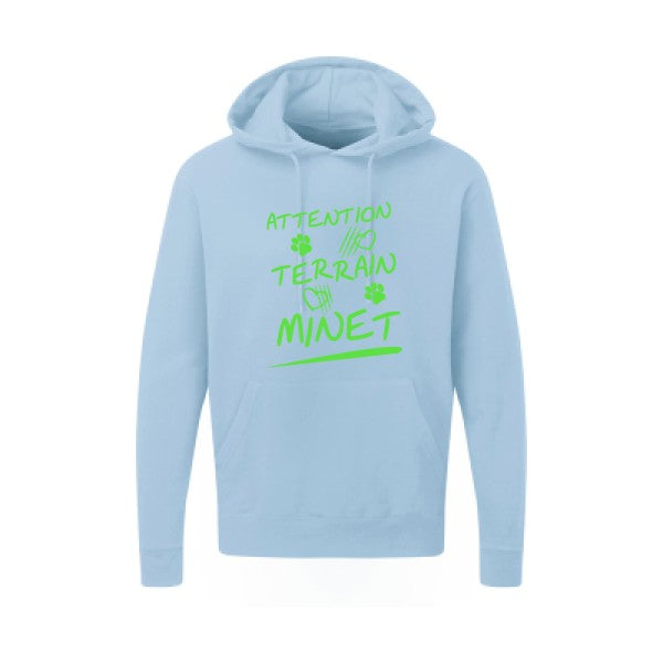 Attention Terrain Minet |Sweat  capuche humoristique Vert fluo 