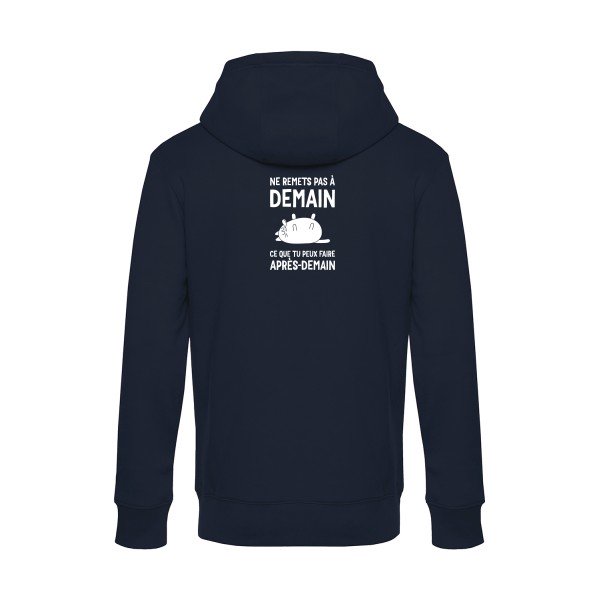 Ne-remets-pas-a-demain sweat shirt original Navy Blue flex Blanc impression Dos