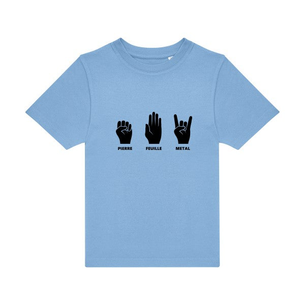 T-shirt original enfant Pierre-Feuille-Metal couleur Sky Blue- flex Noir