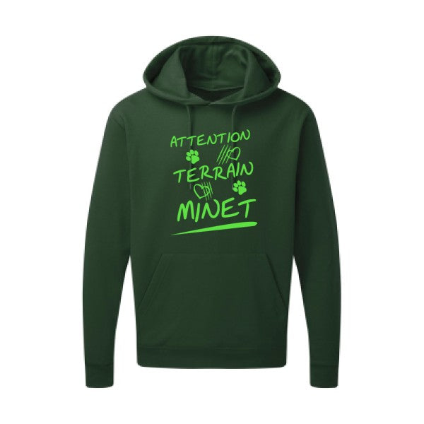 Attention Terrain Minet |Sweat  capuche humoristique Vert fluo 