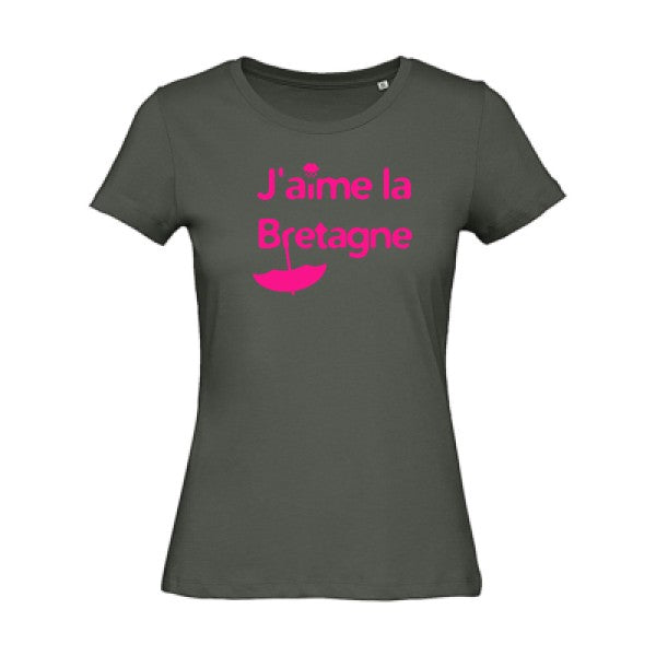 T shirt humour bio femme   femme bio|J'aime la Bretagne Rose Fluo 