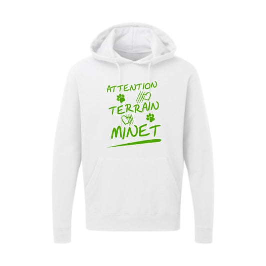 Attention Terrain Minet |Sweat  capuche humoristique Vert pomme 