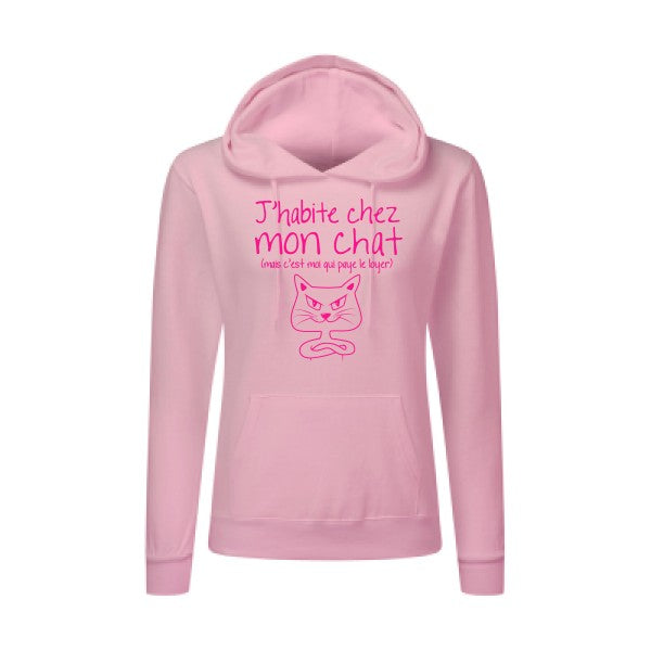 J'habite chez mon chat Rose Fluo |Sweat original à capuche Femme