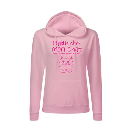 J'habite chez mon chat Rose Fluo |Sweat original à capuche Femme