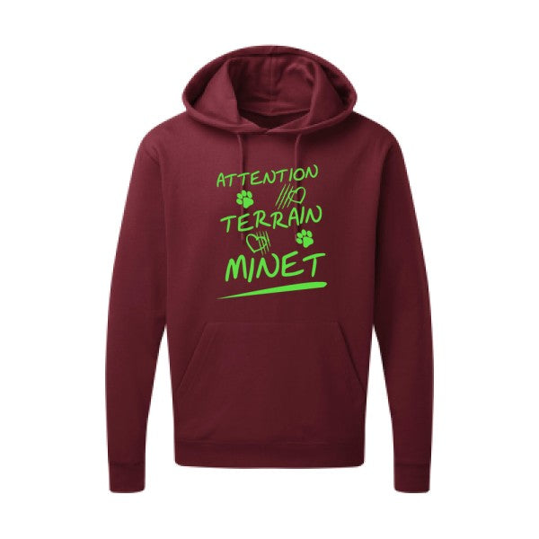 Attention Terrain Minet |Sweat  capuche humoristique Vert fluo 