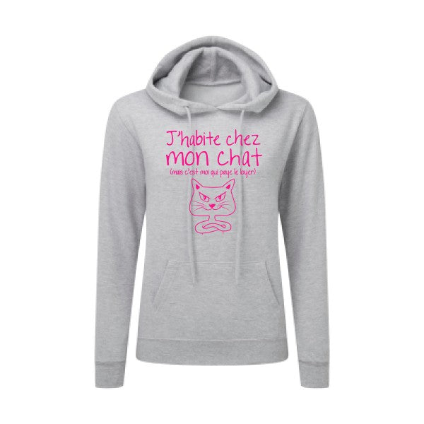 J'habite chez mon chat Rose Fluo |Sweat original à capuche Femme