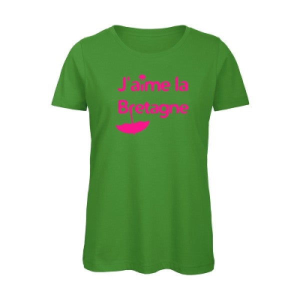 T shirt humour bio femme   femme bio|J'aime la Bretagne Rose Fluo 