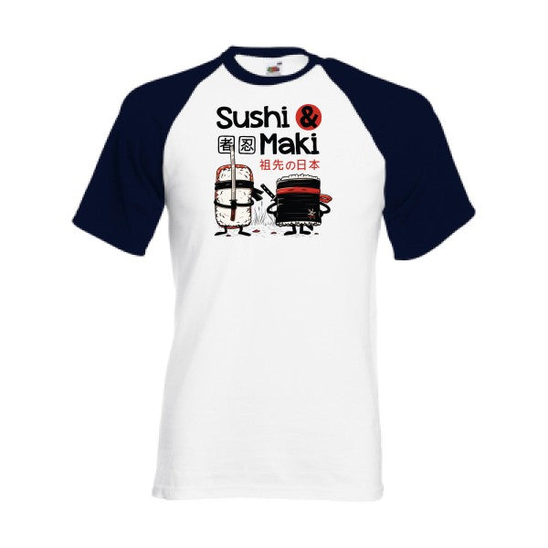 T-shirt fruit of the loom baseball  Sushi et Maki  couleur White/Deep Navy