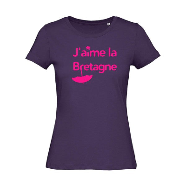 T shirt humour bio femme   femme bio|J'aime la Bretagne Rose Fluo 