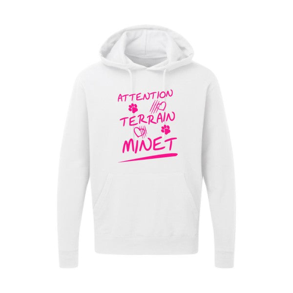 Attention Terrain Minet |Sweat  capuche humoristique Rose fluo 