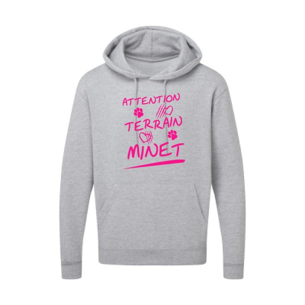 Attention Terrain Minet |Sweat  capuche humoristique Rose fluo 