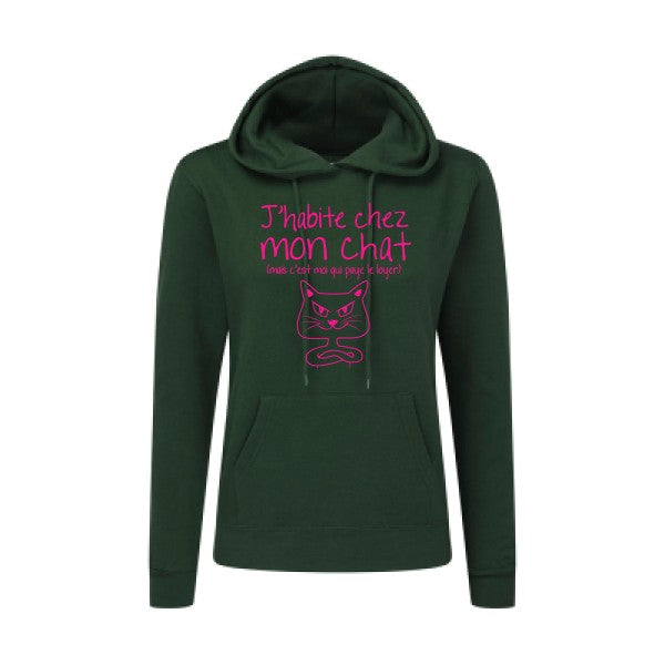 J'habite chez mon chat Rose Fluo |Sweat original à capuche Femme