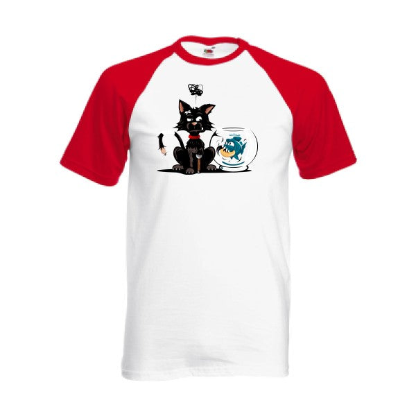 T-shirt fruit of the loom baseball  Le piranha et le chat  couleur White/Red