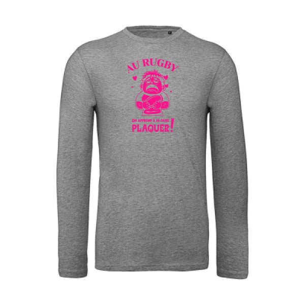 Au rugby, on apprend à se faire plaquer ! Rose Fluo |T-shirt bio manches longues