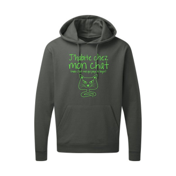 J'habite chez mon chat Vert fluo |Sweat capuche imprimé homme