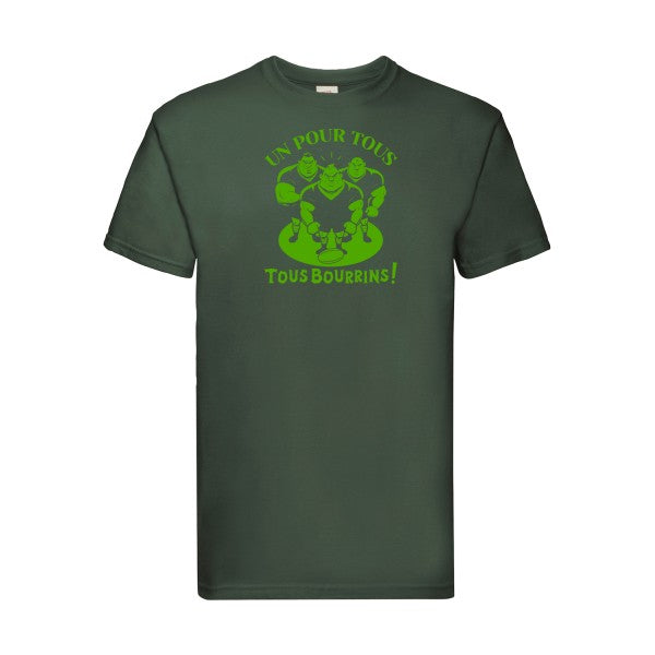 T-shirt|Un pour tous, Tous bourrins ! |Vert pomme|Fruit of the loom 205  G