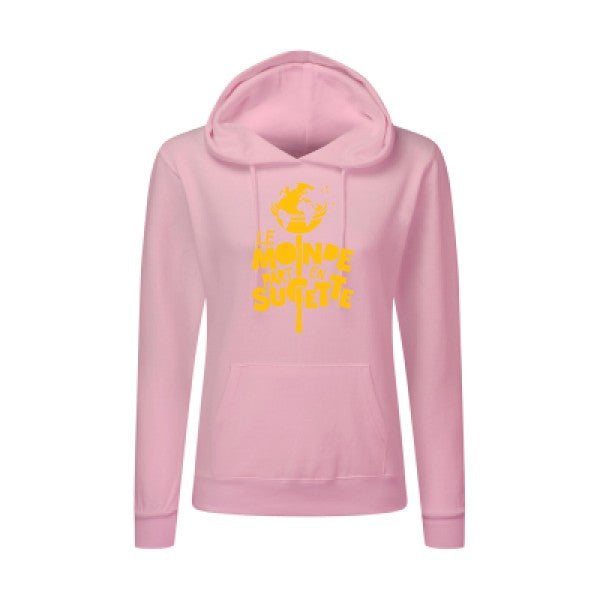 Le Monde part en Sucette jaune Or |Sweat original à capuche Femme