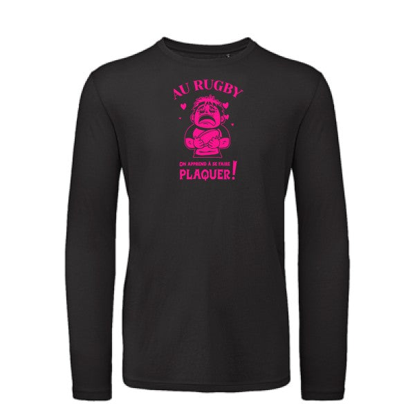 Au rugby, on apprend à se faire plaquer ! Rose Fluo |T-shirt bio manches longues