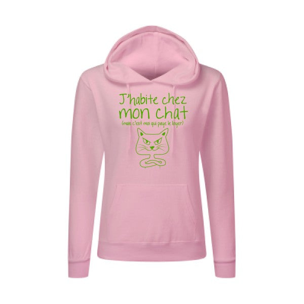 J'habite chez mon chat Vert pomme |Sweat original à capuche Femme