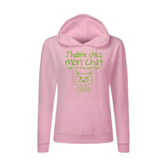 J'habite chez mon chat Vert pomme |Sweat original à capuche Femme