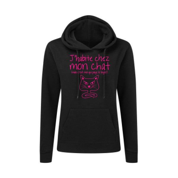 J'habite chez mon chat Rose Fluo |Sweat original à capuche Femme