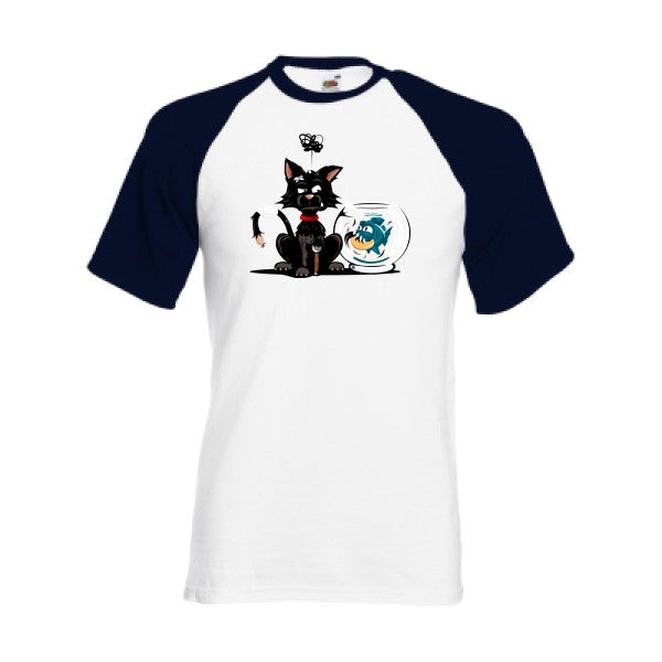 T-shirt fruit of the loom baseball  Le piranha et le chat  couleur White/Deep Navy