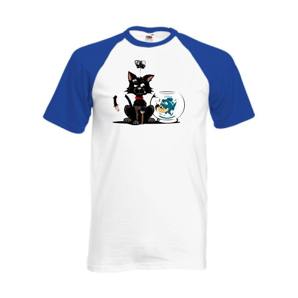 T-shirt fruit of the loom baseball  Le piranha et le chat  couleur White/Royal