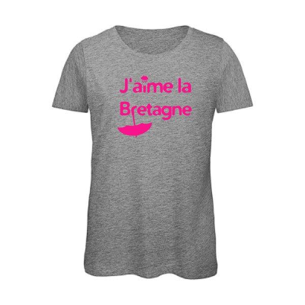 T shirt humour bio femme   femme bio|J'aime la Bretagne Rose Fluo 