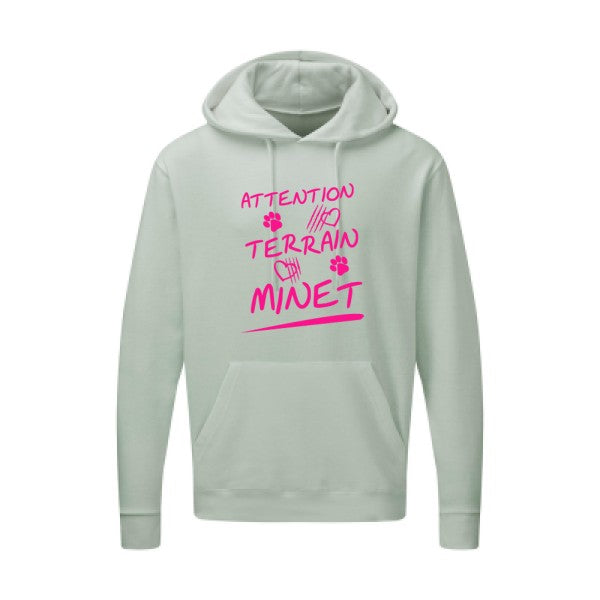 Attention Terrain Minet |Sweat  capuche humoristique Rose fluo 