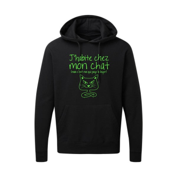 J'habite chez mon chat Vert fluo |Sweat capuche imprimé homme