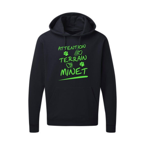 Attention Terrain Minet |Sweat  capuche humoristique Vert fluo 