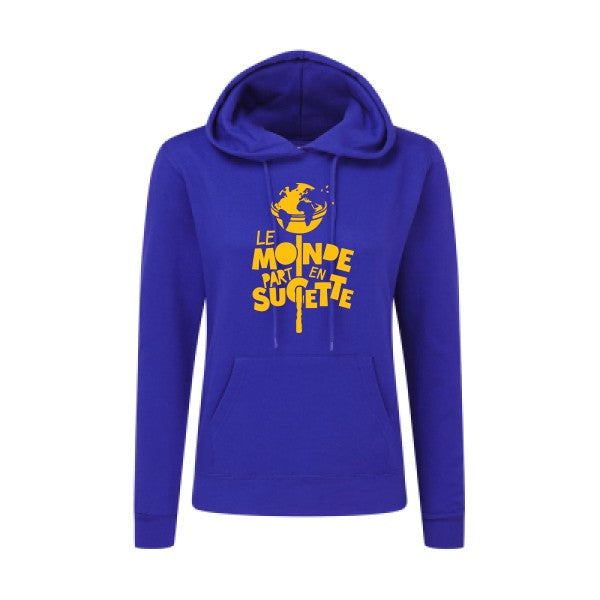 Le Monde part en Sucette jaune Or |Sweat original à capuche Femme