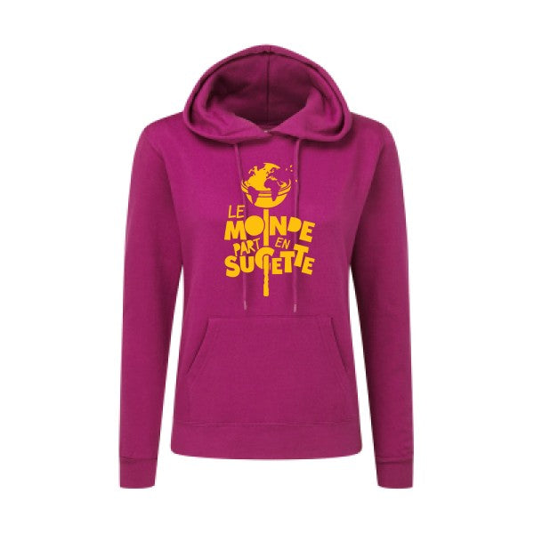 Le Monde part en Sucette jaune Or |Sweat original à capuche Femme