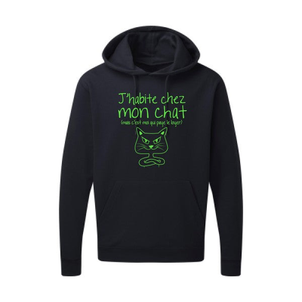 J'habite chez mon chat Vert fluo |Sweat capuche imprimé homme