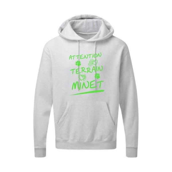 Attention Terrain Minet |Sweat  capuche humoristique Vert fluo 