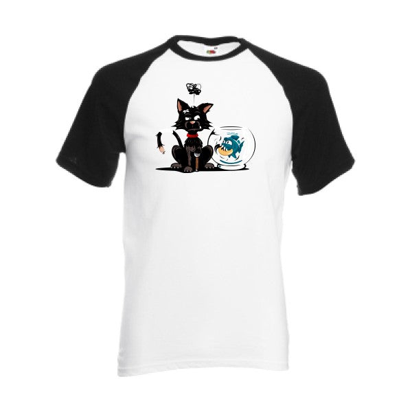 T-shirt fruit of the loom baseball  Le piranha et le chat  couleur White/Black