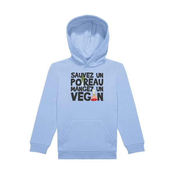sweat capuche enfant Bleu Ciel vegan-poireau