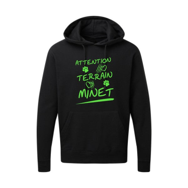 Attention Terrain Minet |Sweat  capuche humoristique Vert fluo 