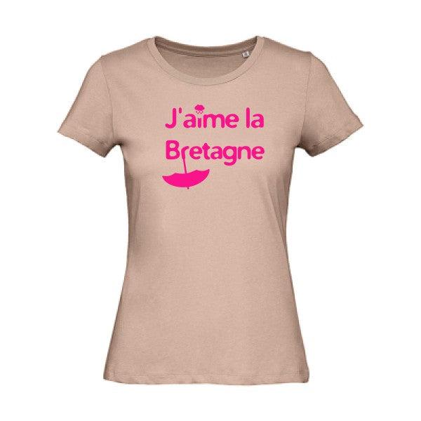 T shirt humour bio femme   femme bio|J'aime la Bretagne Rose Fluo 