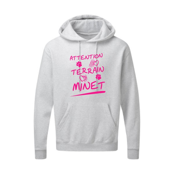 Attention Terrain Minet |Sweat  capuche humoristique Rose fluo 